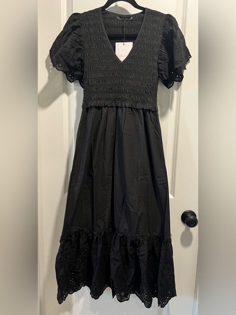 Deluc Women’s Avis Black Smocked Midi Dress with Eyelet Sleeves Size S NWT